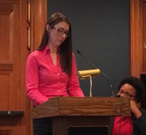 Teacher Britt Mickley discusses charter school oversight at a panel sponsored by the Center for Popular Democracy on Jan. 30 2015.