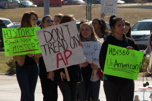 Oklahoma students protest a bill to ban AP history outside the state capitol in Oklahoma City. Photo: Patrick Vine