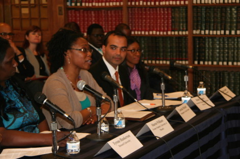 Latechia Mitchell testifies at student debt forum at Howard University on April 27.