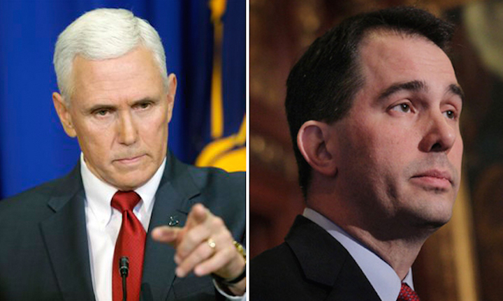 Indiana Gov. Mike Pence (left) and Wisconsin Gov. Scott Walker have both proposed budgets that will dramatically expand voucher programs in their states.