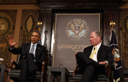 President Barack Obama and Harvard Professor Robert Putnam, author of "Our Kids," discuss overcoming poverty at Georgetown University on May 12, 2015.