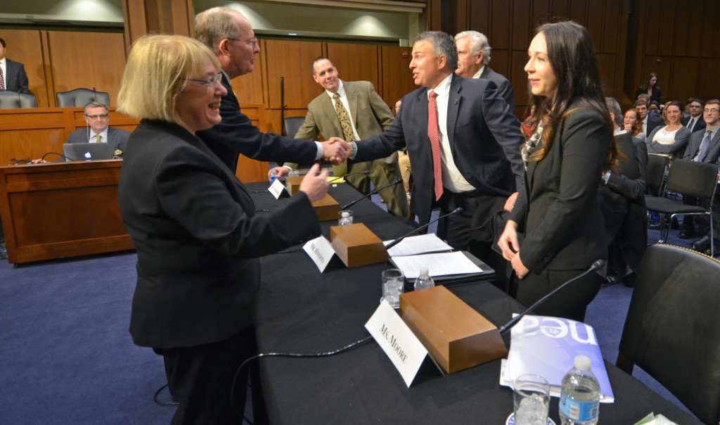 First-grade teacher and NEA member Rachelle Moore (right) speaks with Senator Patty Murray before testifying on ESEA reauthorization before a Senate committee in January.