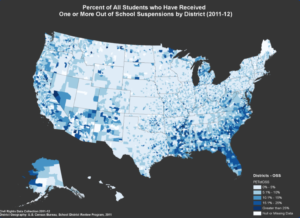 Percent of All Students who Have Received One or More Out of School Suspensions by District, 2011-12 (Click to Enlarge)