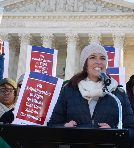 California teacher Reagan Duncan at the Supreme Court. Photo: Patrick G. Ryan