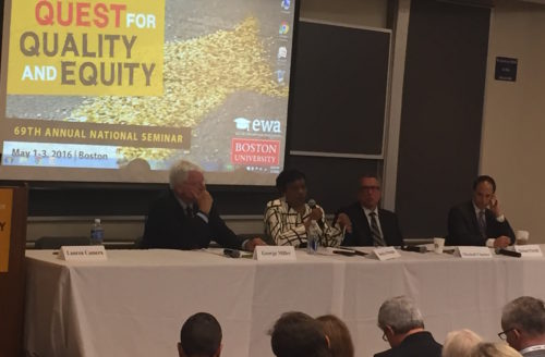 At the 2016 Education Writers Association National Seminar, NEA Vice President Becky Pringle discussed accountability in the Every Student Succeeds Act with former Rep. George Miller (left), Massachusetts education commissioner Mitchell Chester (second from right) and Michael Petrilli, president of the Fordham Institute.