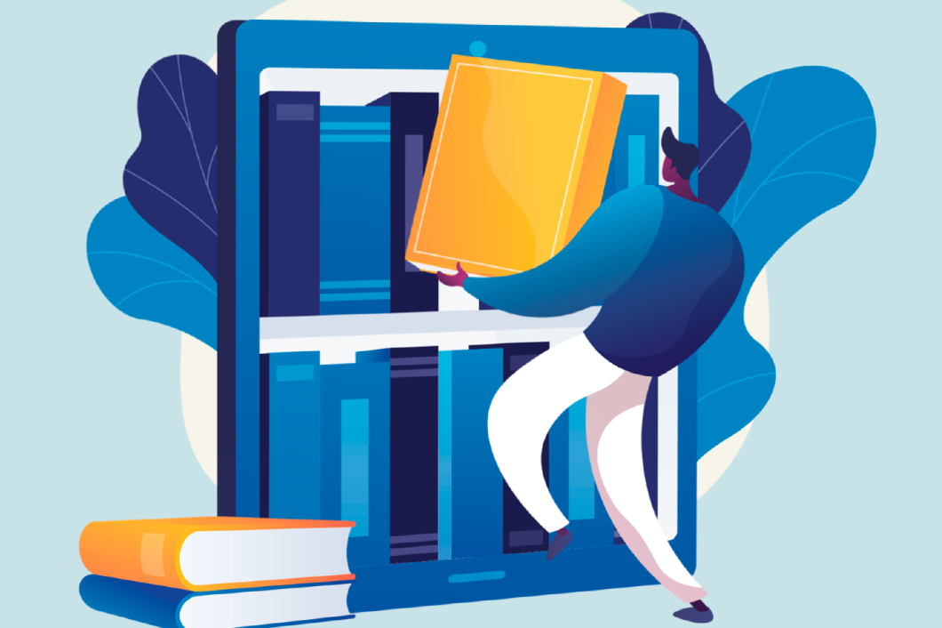 Illustration of worker carrying heavy books