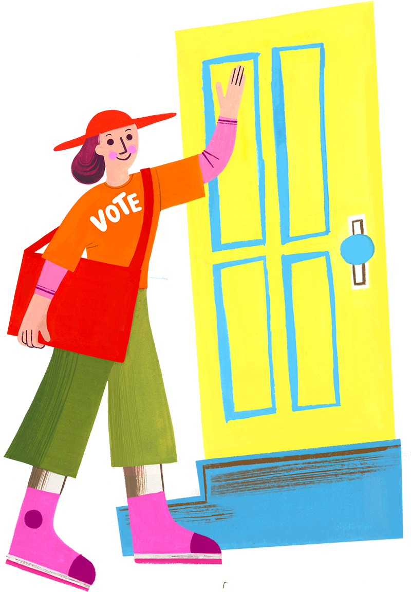 Illustration of a woman wearing a red hat, green pants, pink sneakers, and a shirt that says "Vote" on the front. She is knocking on a yellow door.
