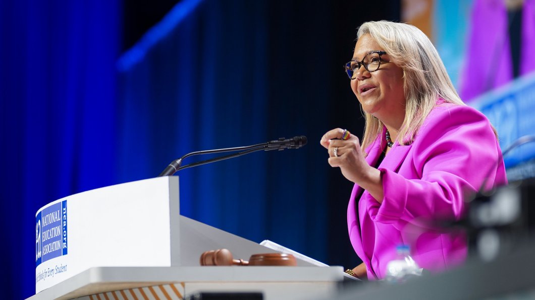 NEA Executive Director Kim Anderson addresses delegates at the 2023 NEA RA in Orlando