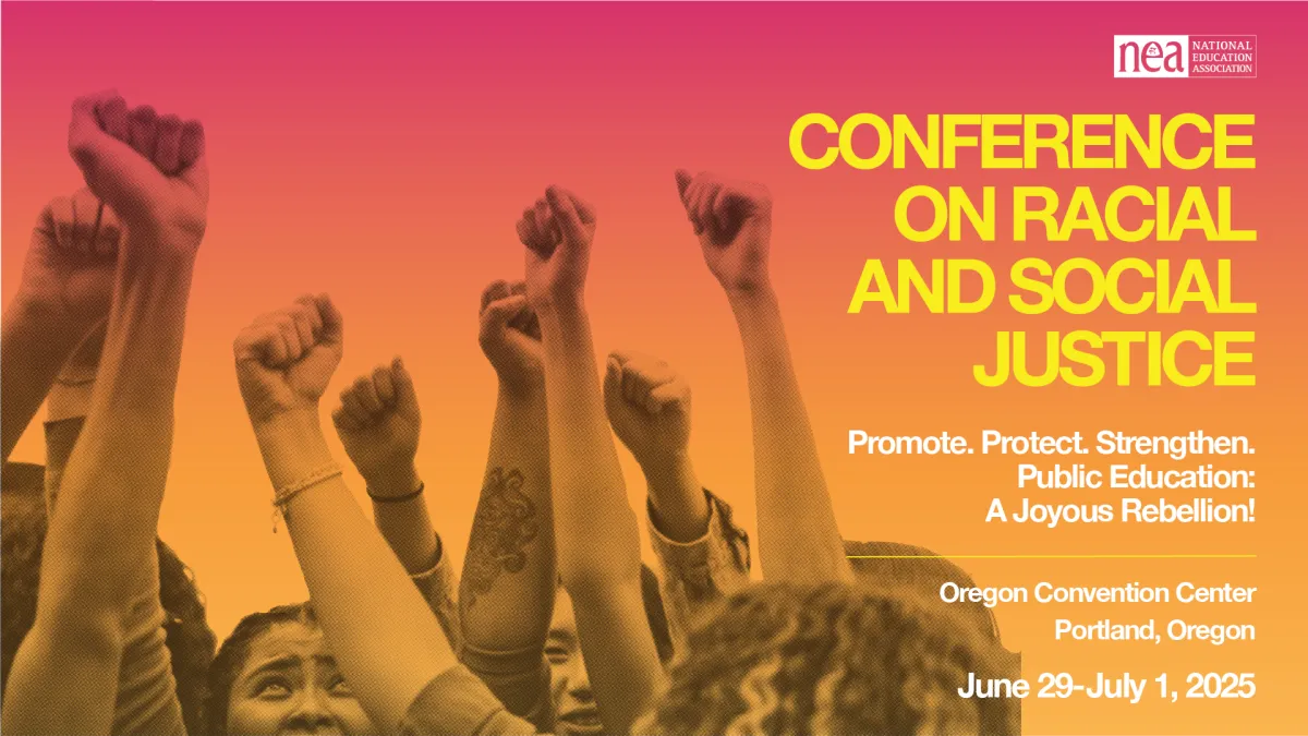 orange and yellow toned image of raised hands and the dates and times of the conference on racial and social justice