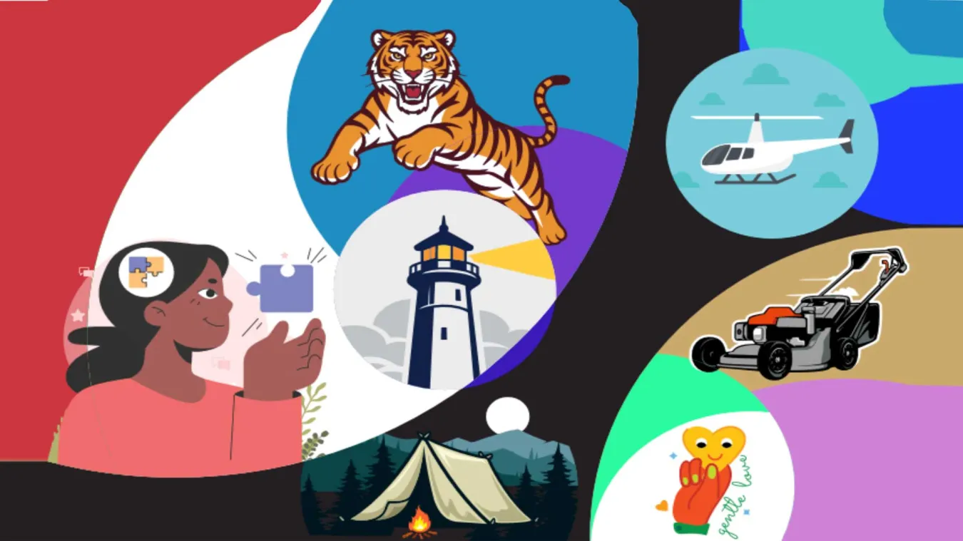 Illustration featuring a woman holding a puzzle piece, a jumping tiger, a helicopter, a lighthouse, a lawnmower, a tent by a campfire, and a heart with the words "gentle love" written in cursive.