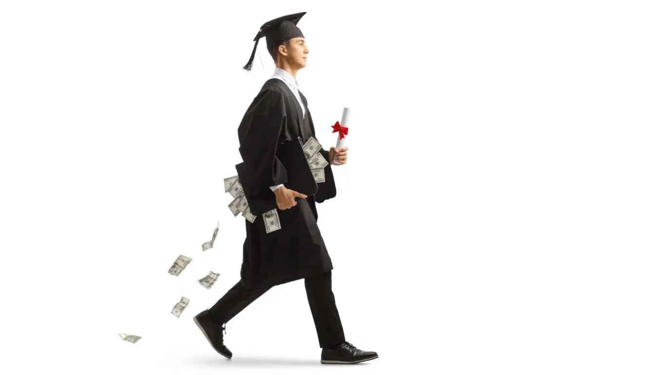 Graduate walking as cash falls around him