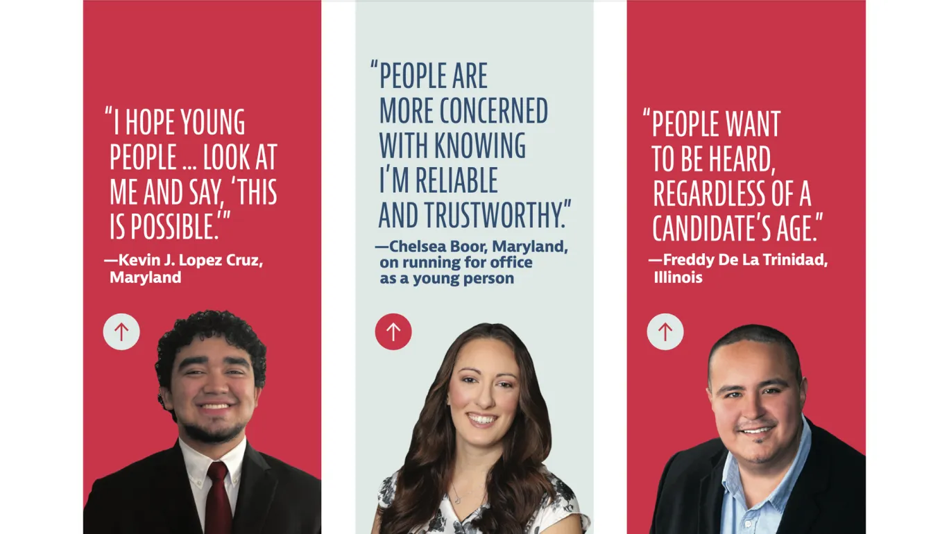 Headshots of three nicely dressed people with their respective quotes above them