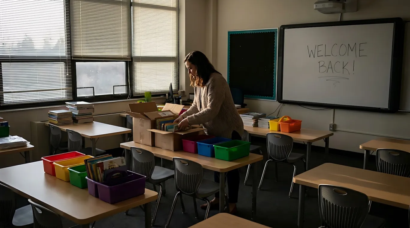 Teacher organizing a classroom before the school year begins