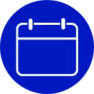 A blue circle with a white outline of a desk calendar