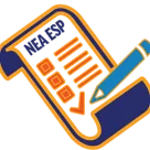 Cartoon checklist with a blue pencil, orange checkboxes, and NEA ESP at the top in blue