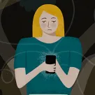 illustration of sad blonde woman with using a cell phone