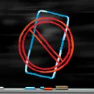 graphic of a cell phone with a red circle with a line drawn through it that symbolizes "no"