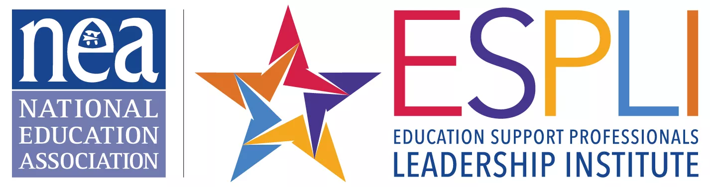 NEA-National Education Association logo in a blue box next to a colorful star with pink, orange, yellow, blue, and purple spokes, and text that says ESP Leadership Institute