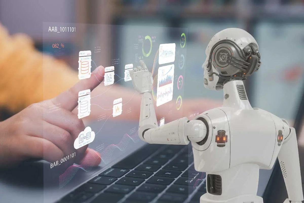 Image depicting student interacting with AI robot.