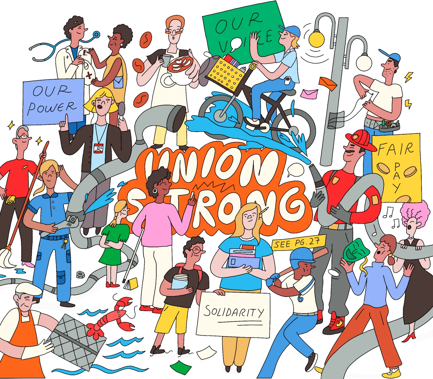 Illustration of many diverse workers surrounding the word "union strong."