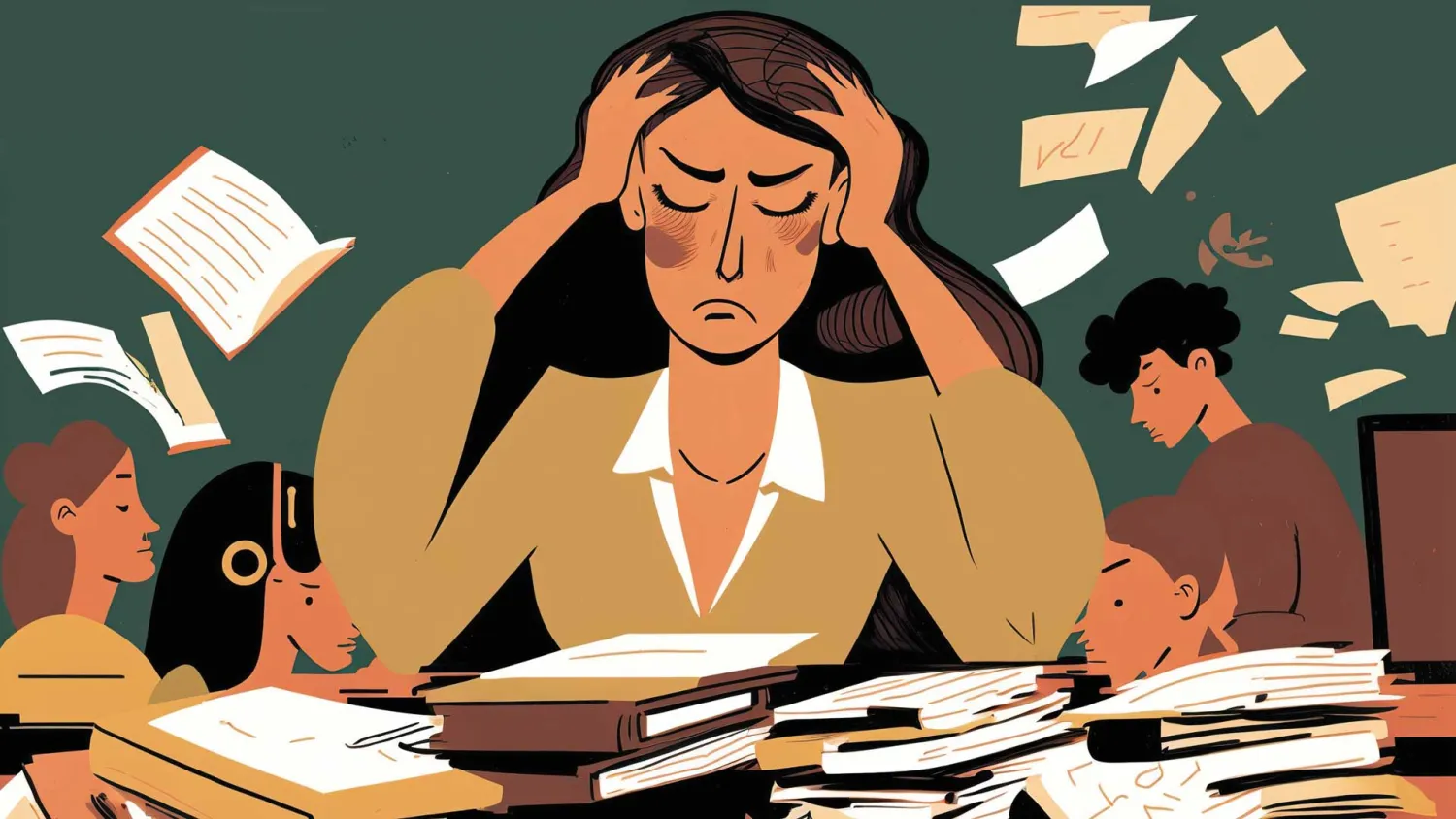 Graphic image of a stressed teacher at her desk with papers flying around her and students in the background.