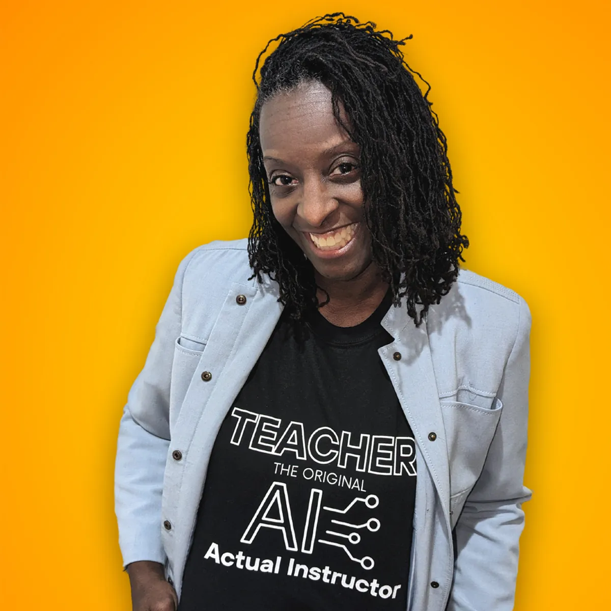 A woman poses in front of a yellow backdrop wearing a t-shirt that reads" Teacher the Original AI (Actual Instructor)