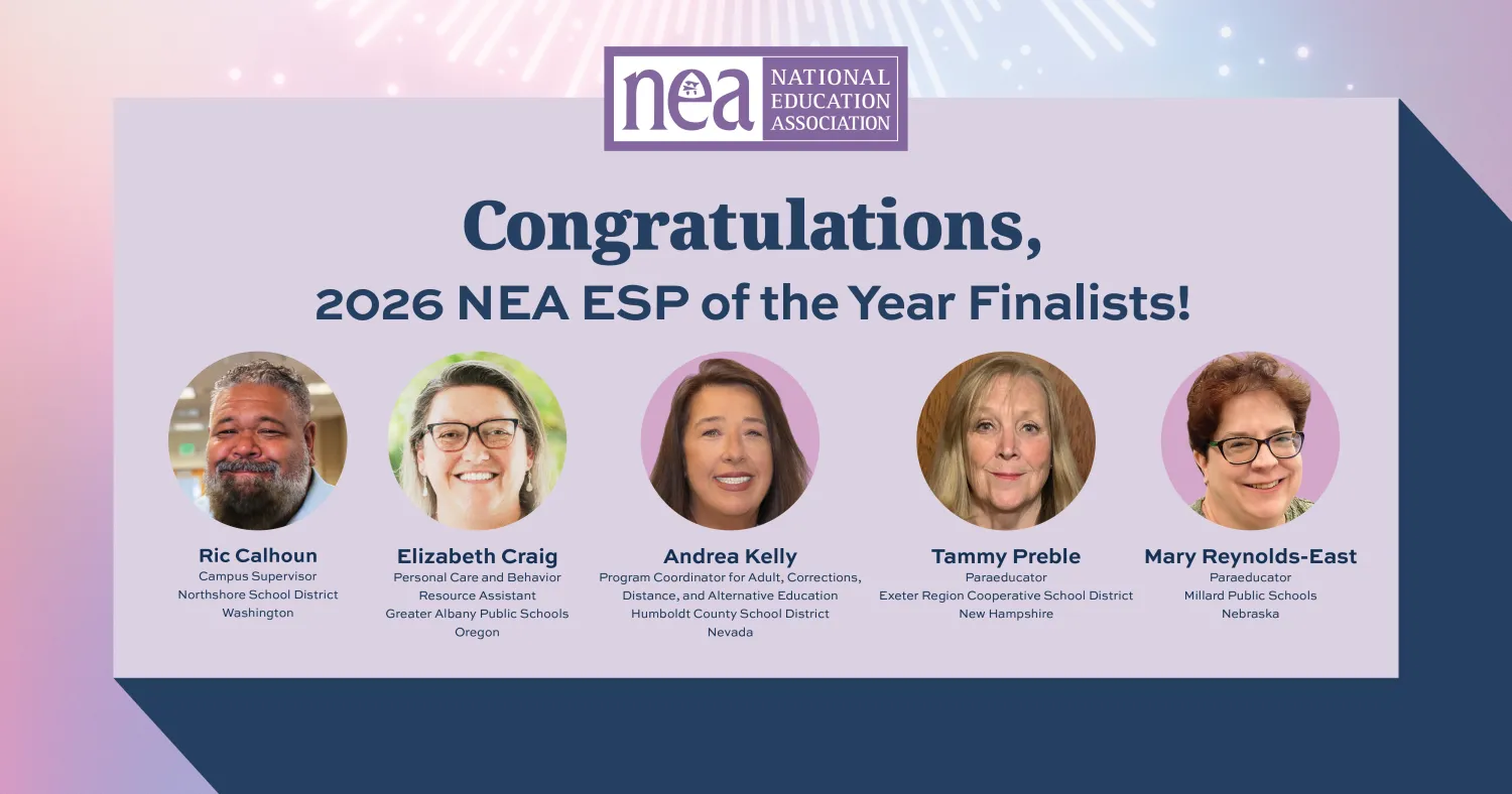Graphic with the header Congratulations, 2026 NEA ESP of the Year Finalists with photos of the top 5 finalists below