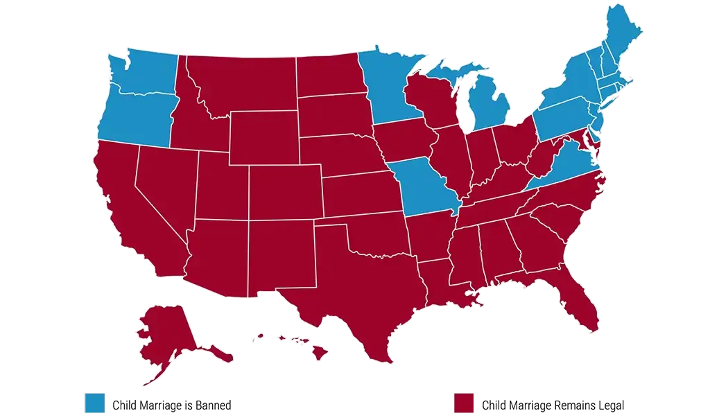Map of the United States indicates 16 states that have banned child marriage.
