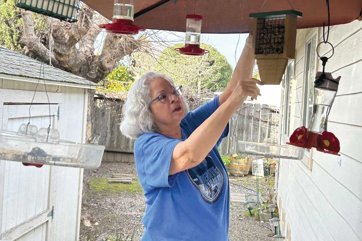 California retiree Kathy Torres places backyard bird feeders near her window, where she can see them.