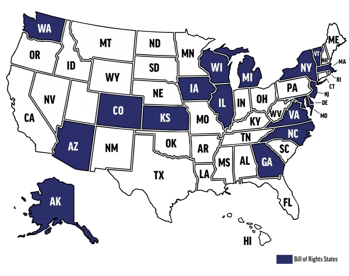 A map with highlights on states that have active ESP Bill of Rights campaigns.