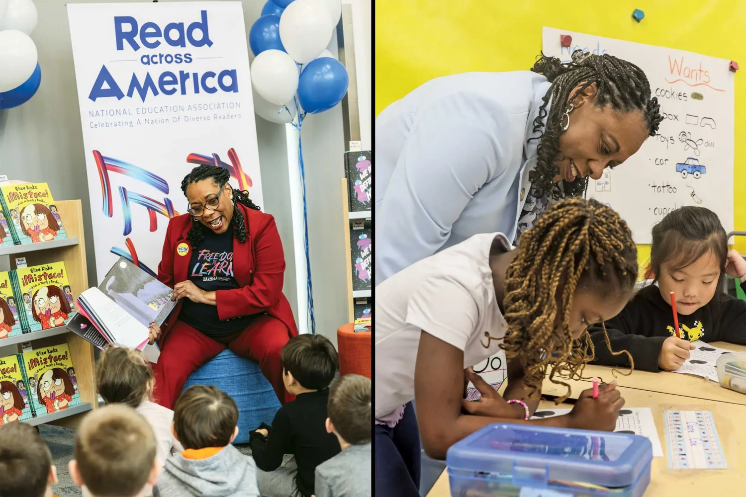 Two images of Becky Pringle working with children in the classroom.