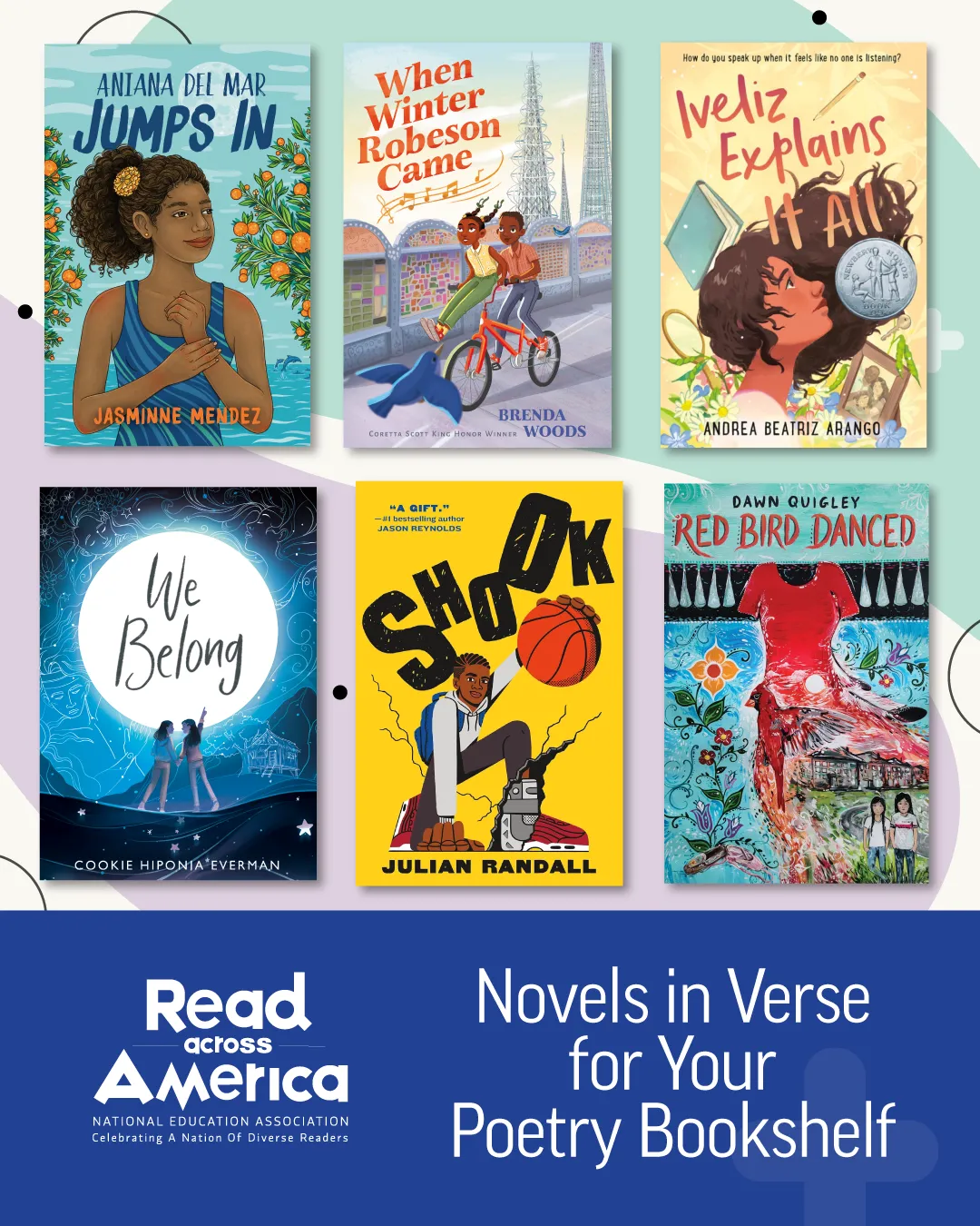 Collage of book covers from the 2026 Read Across America Calendar and text that says Novels in Verse for you Poetry Bookshelf