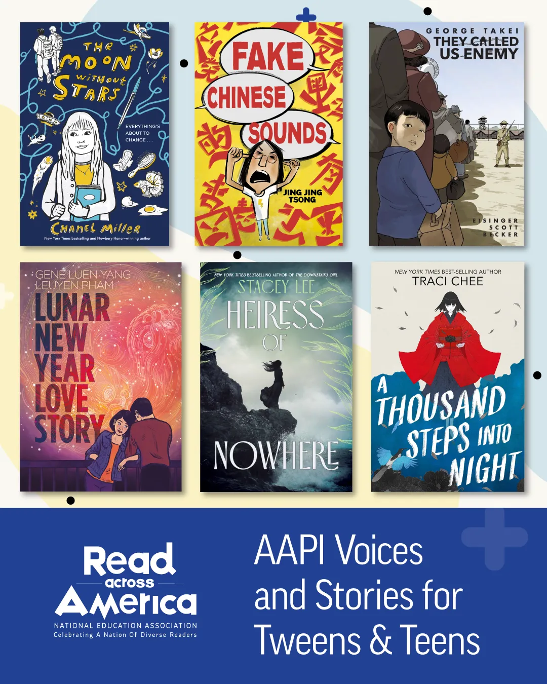 Collage of book covers from the 2026 Read Across America Calendar and text that says AAPI Voices and Stories for Tweens & Teens