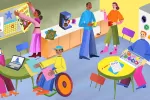 Illustration of changemakers in a school breakroom, performing various activities.