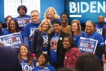 NEA President Becky Pringle poses with First Lady Jill Biden and several educators at a political rally