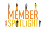 An illustrated phrase "Member Spotlight" displayed prominently with a group of people surrounding the words..