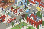 An illustration of a busy neighborhood.