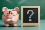 Mustached piggy bank next to a chalk pallette with a question mark.