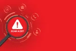 Red Scam Alert with icons depicting caution, computer viruses, computer messages, phone calls, and person to person.