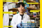 Lisa Coe in lab coat holding lab equipment