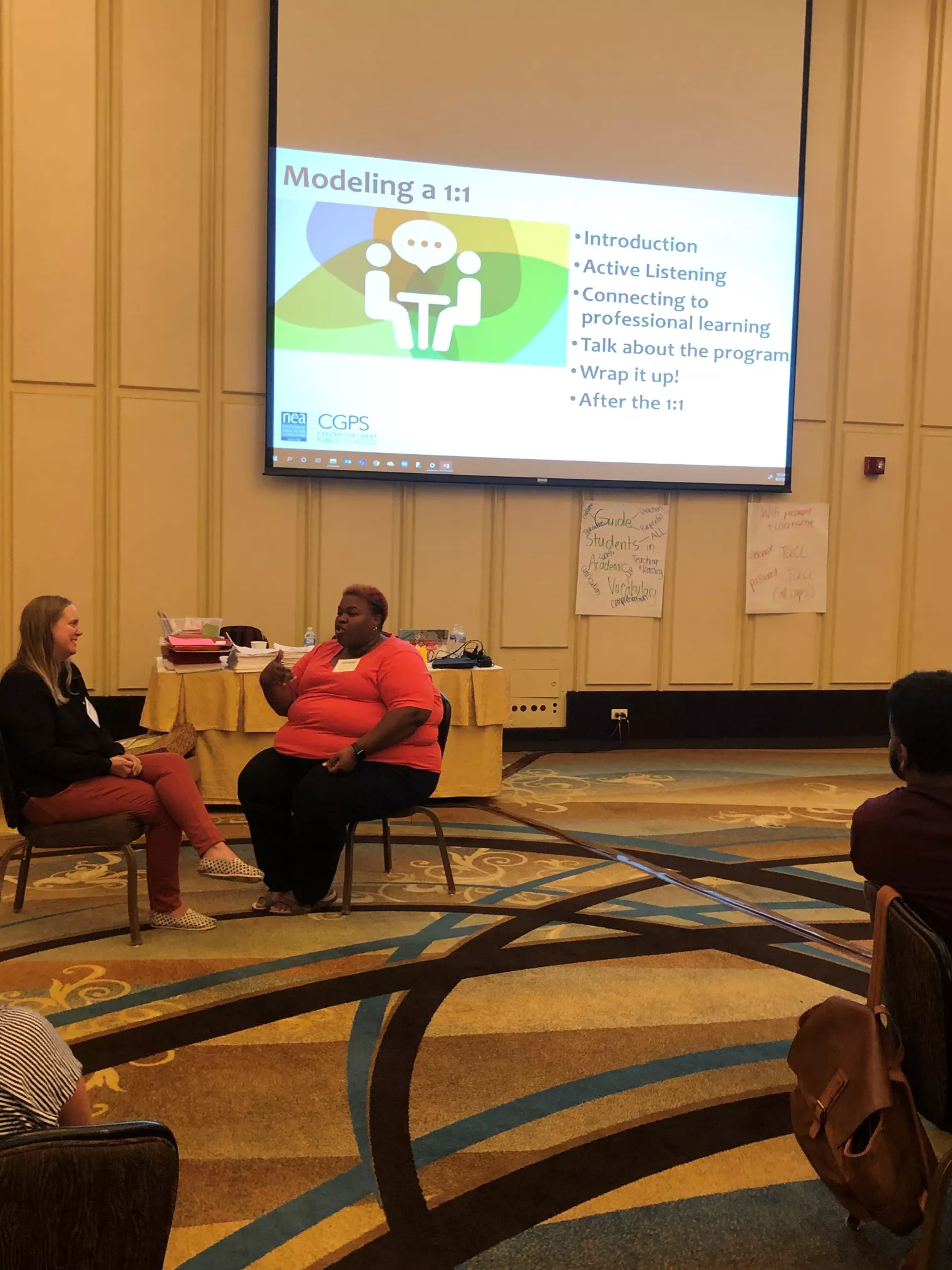 ECLL lead, Rachel Croft, models how to conduct a one-on-one with an early career educator to build relationships. 