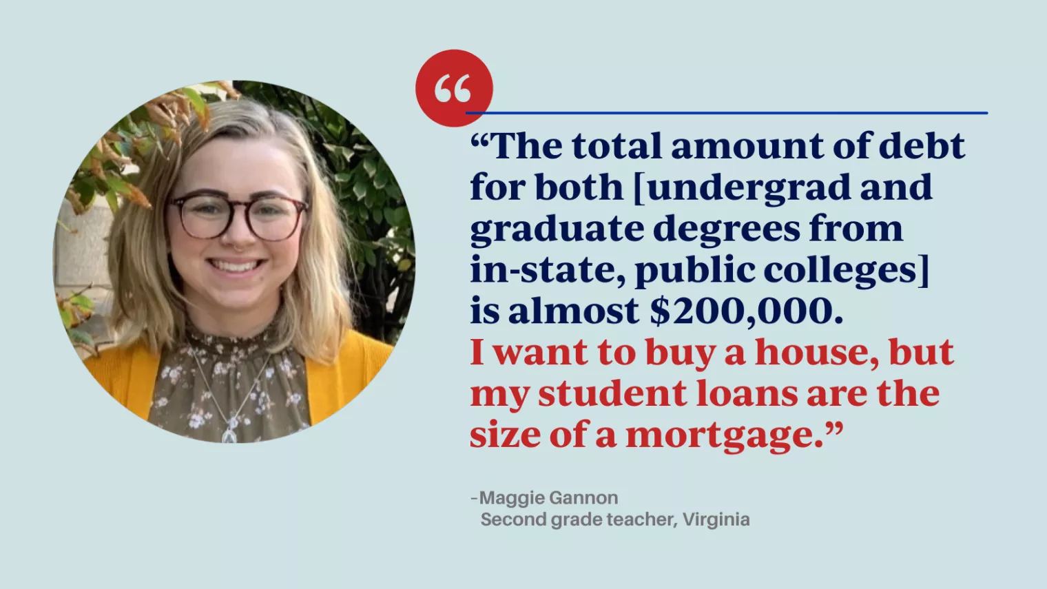 "The total amount of debt for both [undergrad and graduate degrees from in-state, public colleges] is almost $200,000. I want to buy a house, but my student loans are the size of a mortgage."