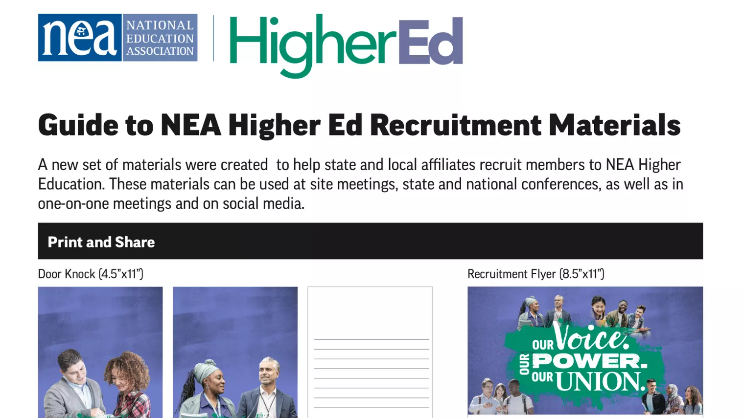 a preview of the Guide to NEA HigherEd Recruitment Materials document