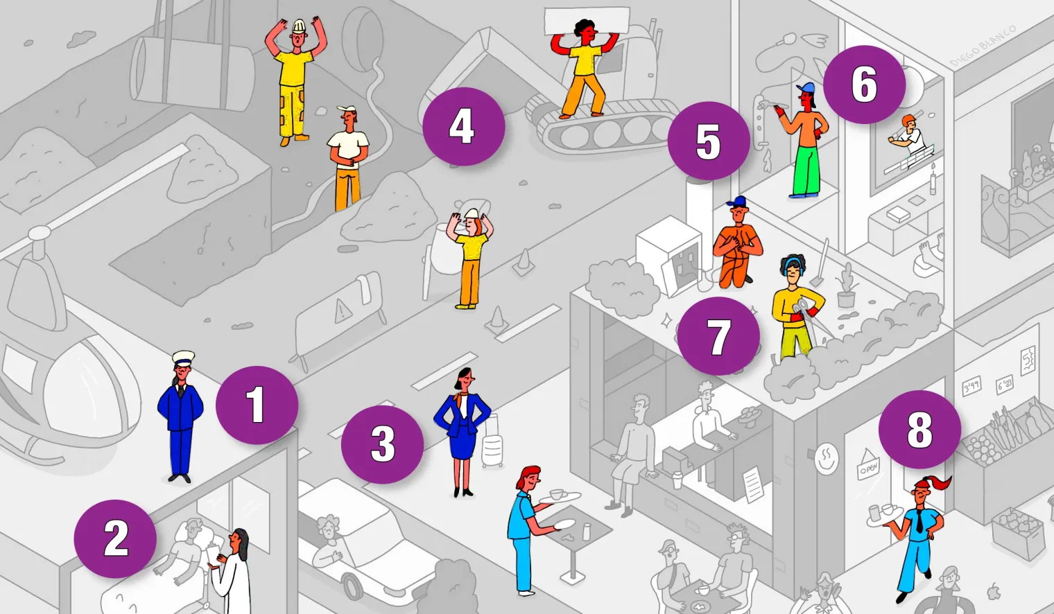 Illustration of a neighborhood with the union members highlighted.