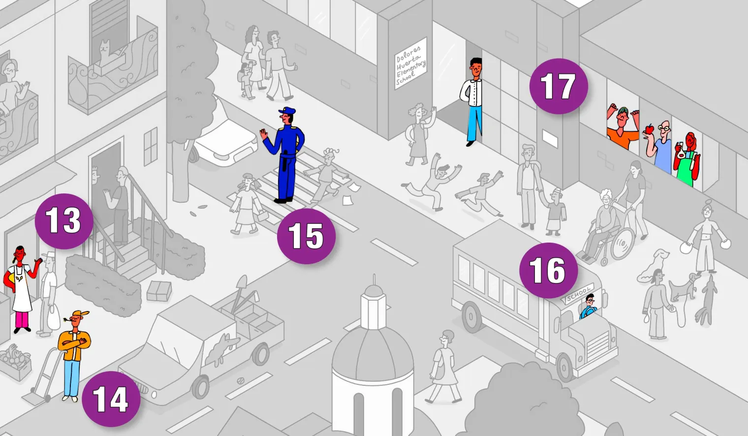 Illustration of a neighborhood. Can you find the union members?