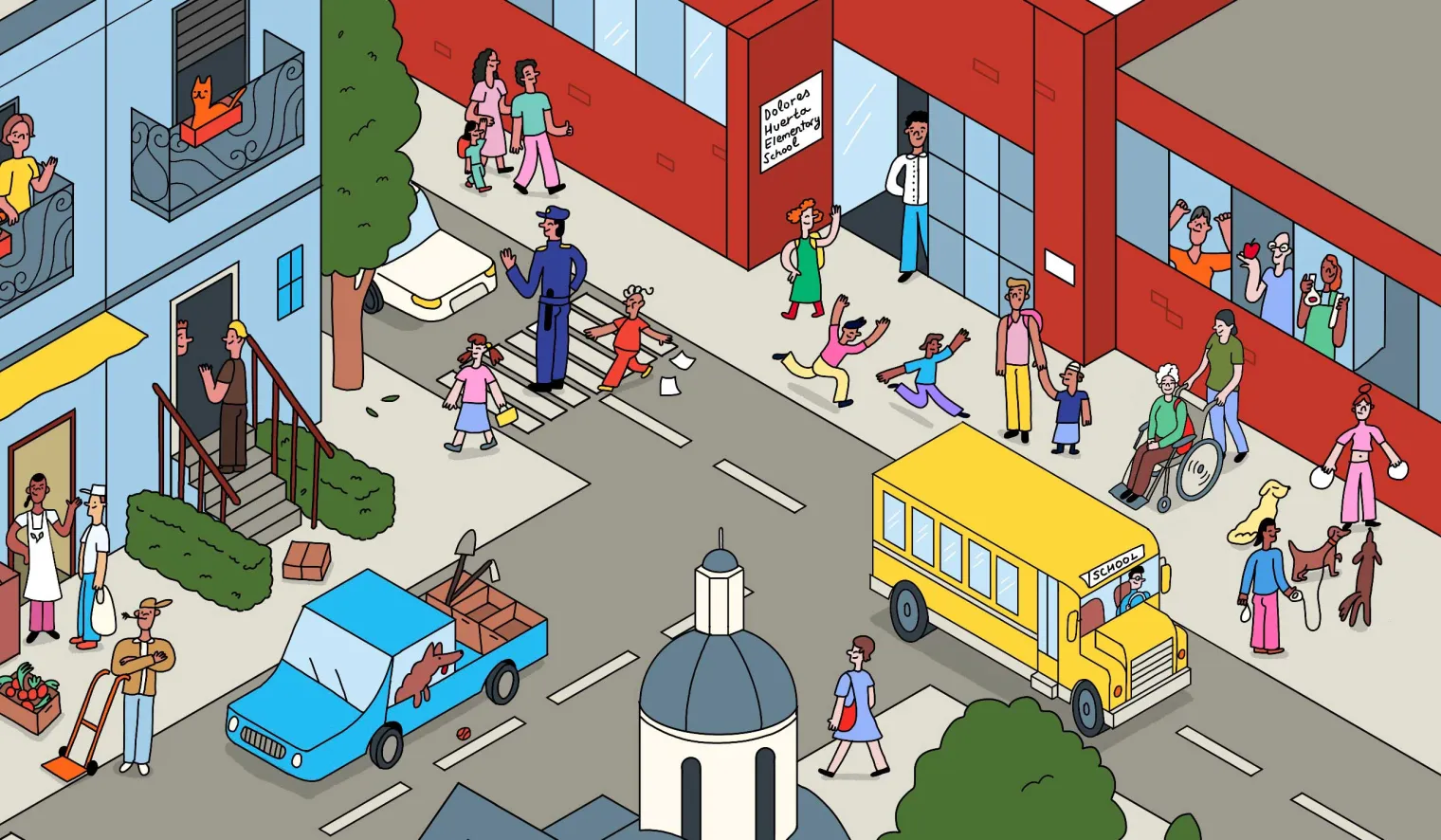 Illustration of a neighborhood. Can you find the union members?