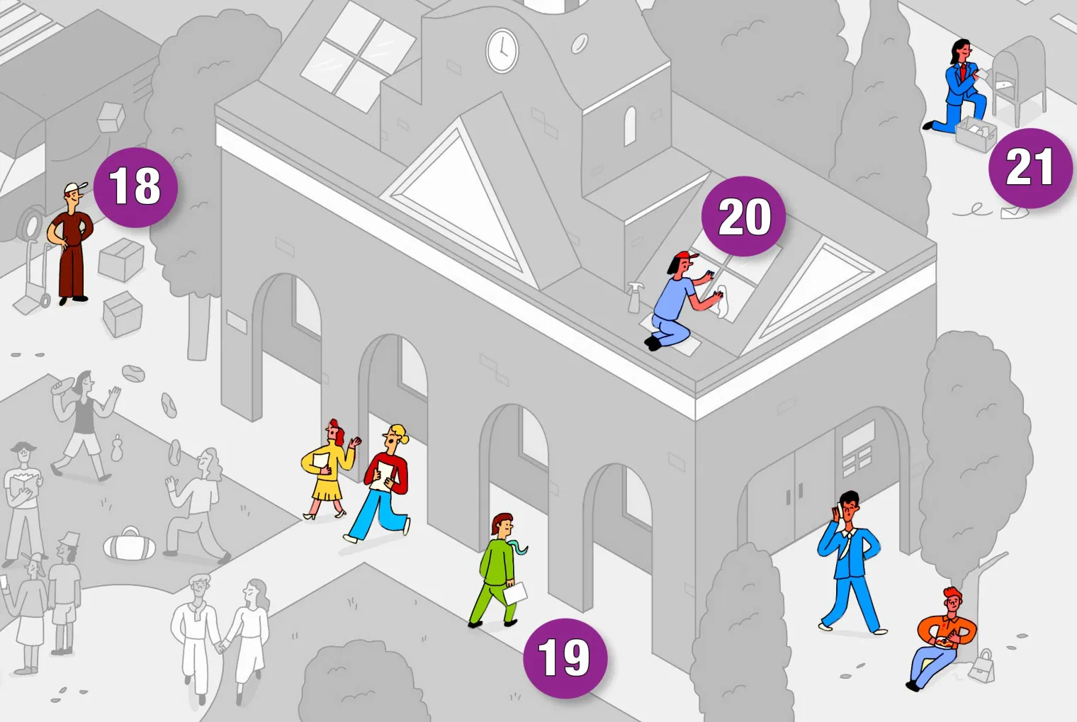 Illustration of a neighborhood with the union members highlighted.