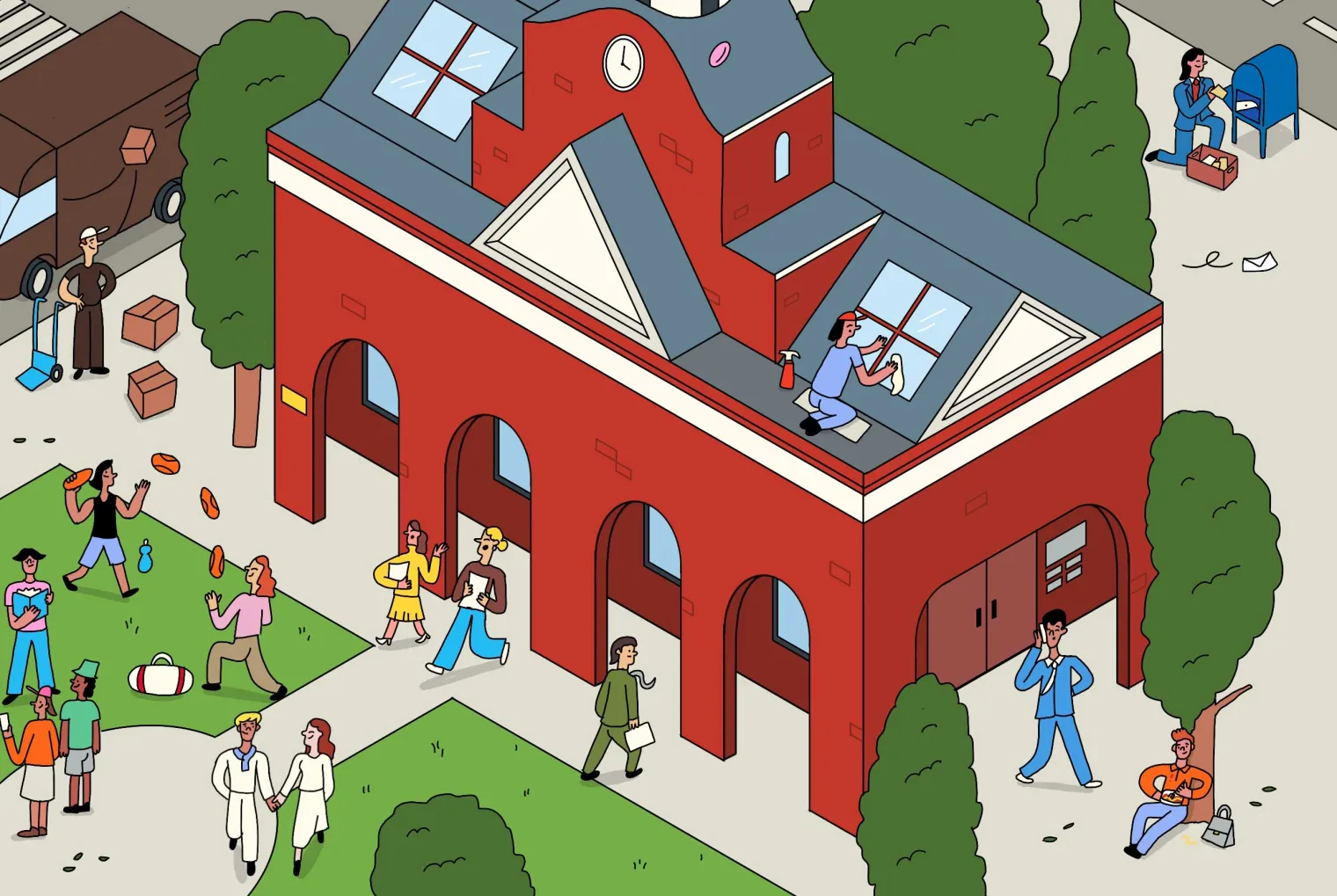 Illustration of a neighborhood. Can you find the union members?