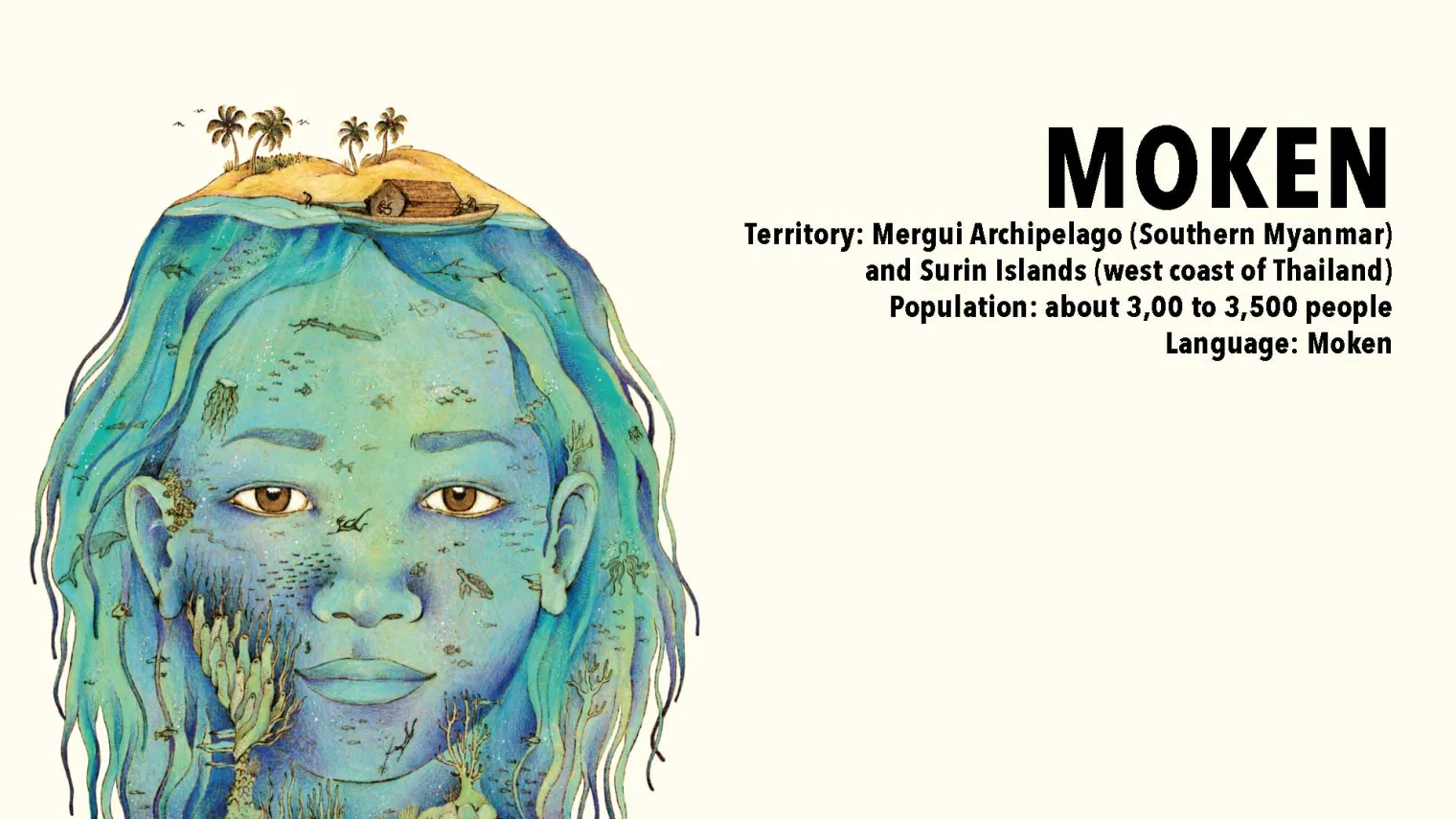 MOKEN  - Territory: Mergui Archipelago (Southern Myanmar) and Surin Islands (west coast of Thailand), Population: about 3,00 to 3,500 people, Language: Moken