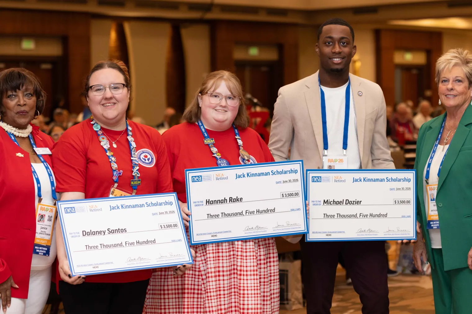 Janice M. Poirier, NEA President Anita Gibson, Dalaney Santos, Hannah Rake, and Michael Dozier
